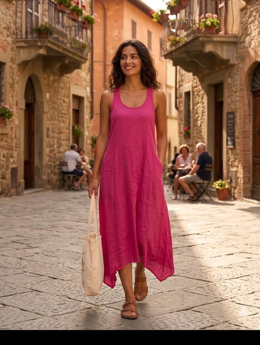 IT19 Made In Italy 100% Linen Bright Pink Sleeveless Summer Midi Dress